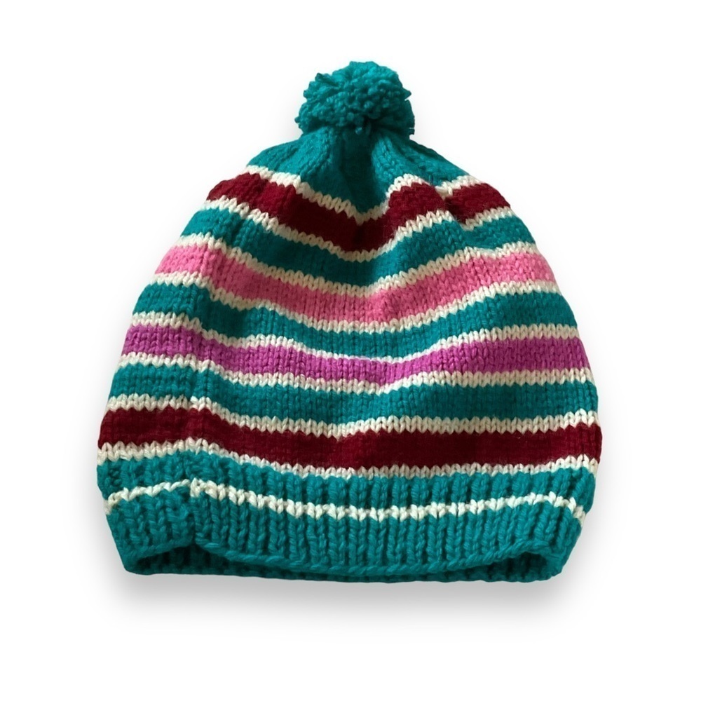 Handmade Hat Striped Beanie Toque Blue Pink White Burgundy Purple Pom Pom Womens